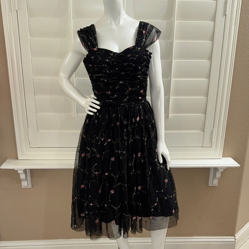 Unique Vintage Black Embroidered Floral Garden State Mesh Dress